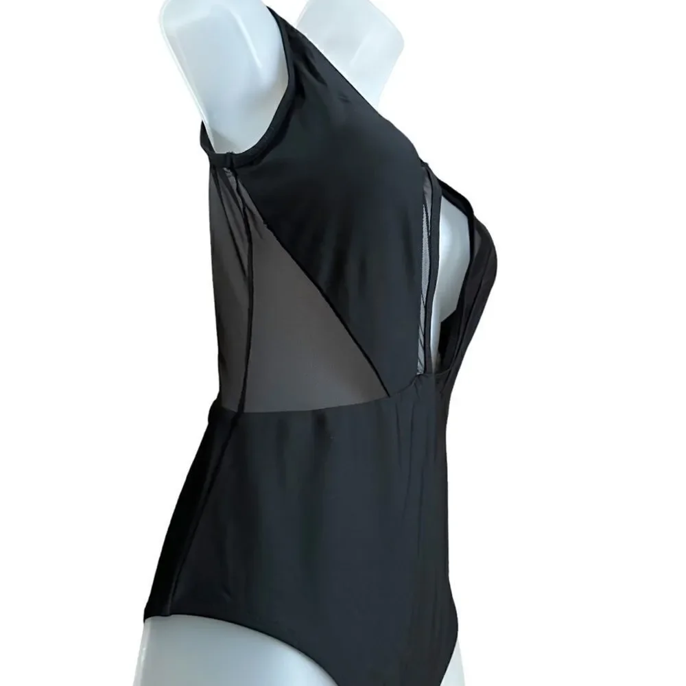 Pacsun One Piece Black Sheer Deep Neckline Bathingsuit